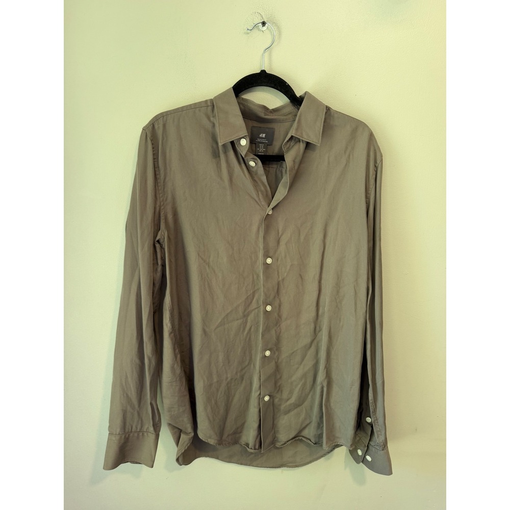 H&M Mens Regular Fit Lyocell Button Down Shirt Taupe Gray Long Sleeve Size M